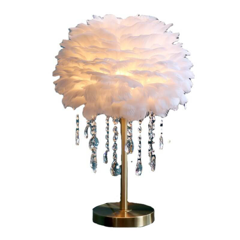 Lámpara de mesa contemporánea y creativa de hierro con plumas, cristal redondo y borlas, de 1 luz, para dormitorio 