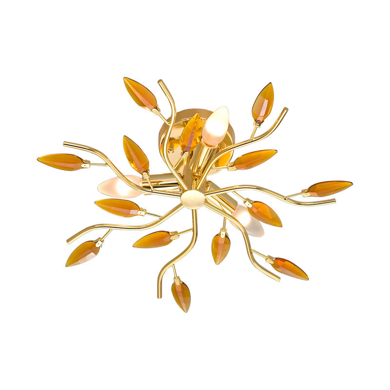 Modern  Luxury Leaves Iron Glass 3-Light Semi-Flush Mount Ceiling Light for Living Room