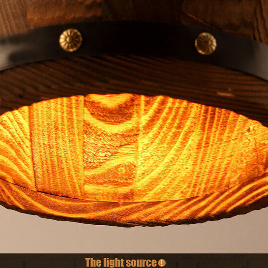 Lámpara colgante individual de 1 luz estilo barril de vino redondo rústico tradicional de hierro y madera para comedor 
