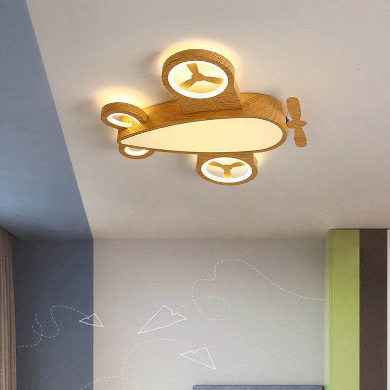 Cartoon Creative Wood Grain Aircraft LED Kids Flush Mount Ceiling Light