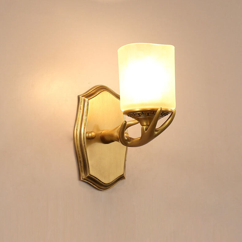 European Vintage Antler Brass Glass 1-Light Wall Sconce Lamp