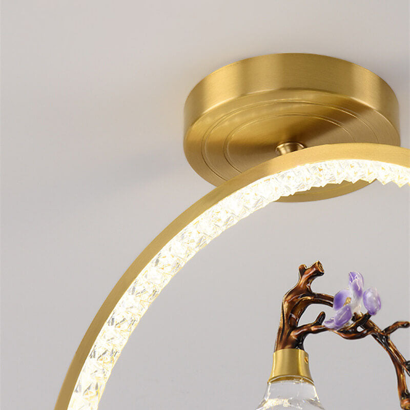 Modern Chinese Circular Acrylic Gourd Copper LED Semi- Flush Mount Ceiling Light