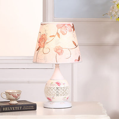 Chinese Minimalist Ceramic Floral Fabric Cone 1-Light Table Lamp