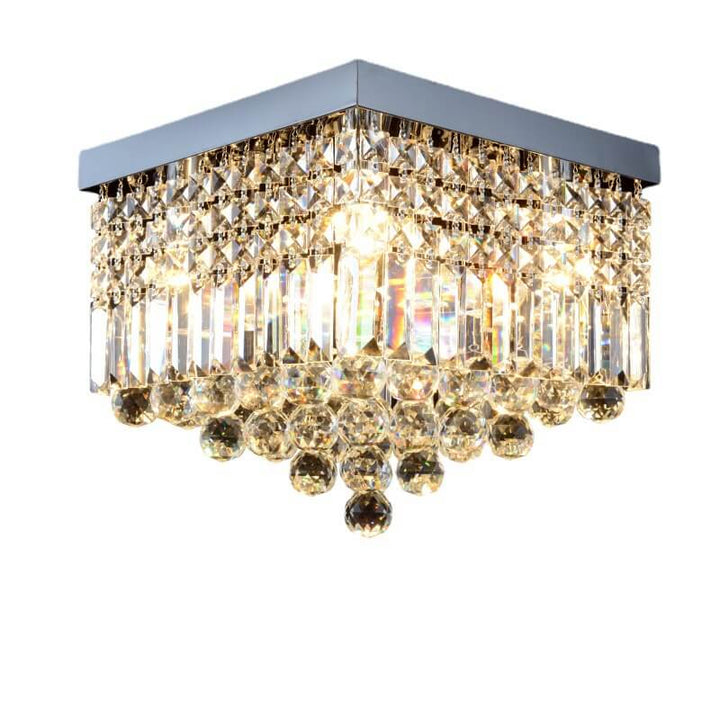 Traditional European Square Crystal Beaded Curtain 4-Light Flush Mount Ceiling Light For Living Room
