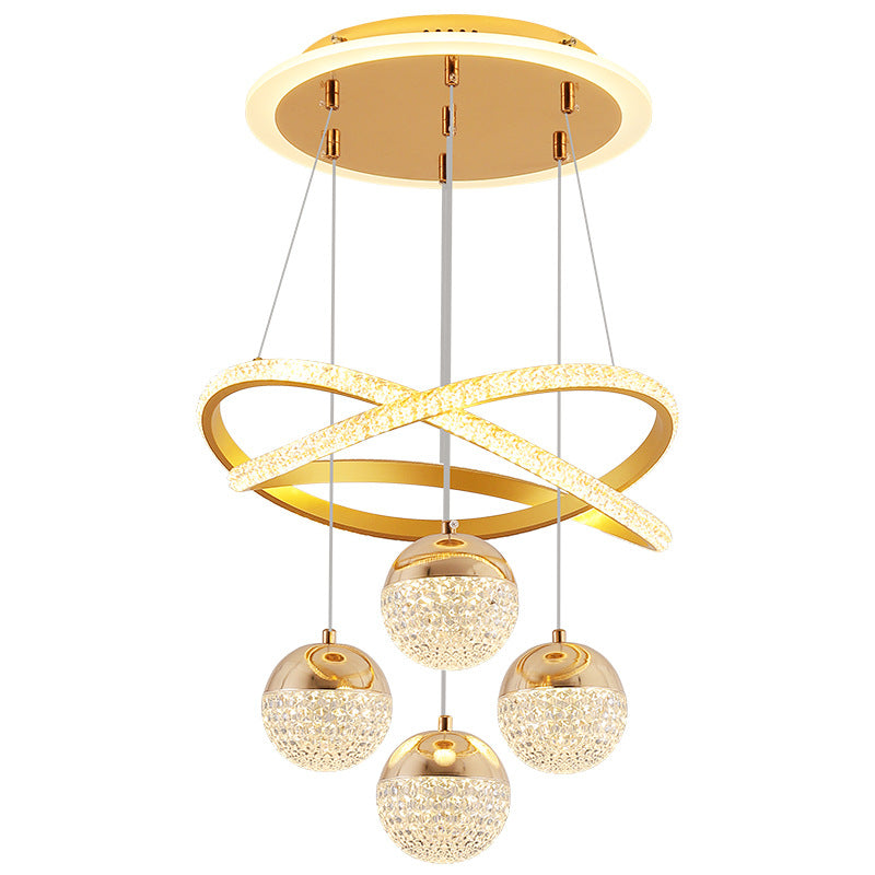 Moderner luxuriöser LED-Kronleuchter aus Acryl und Eisen mit Kugeln und geschwungener Form für das Wohnzimmer 