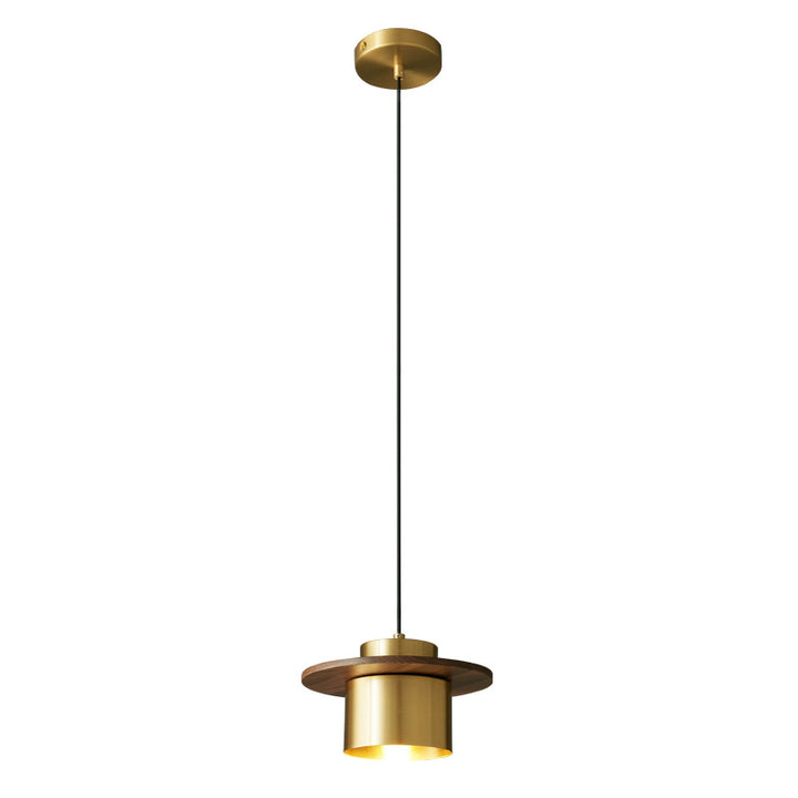 Contemporary Nordic Cylindrical Walnut Copper 1-Light Pendant Light For Living Room &amp; Bedroom