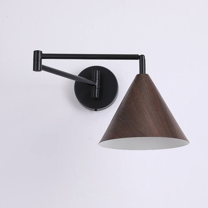 Nordic Minimalist Cone Swing Arm Solid Wood Iron 1-Light Wall Sconce Lamp