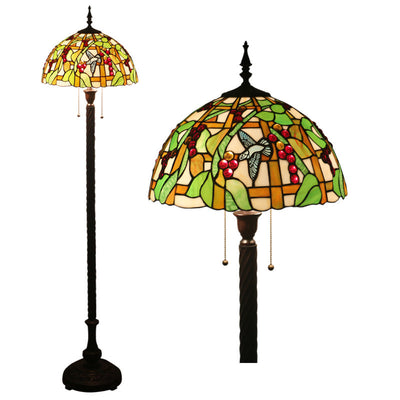 European Tiffany Fruit Bird Stained Glass Dome 2-Light Standing Floor Lamp