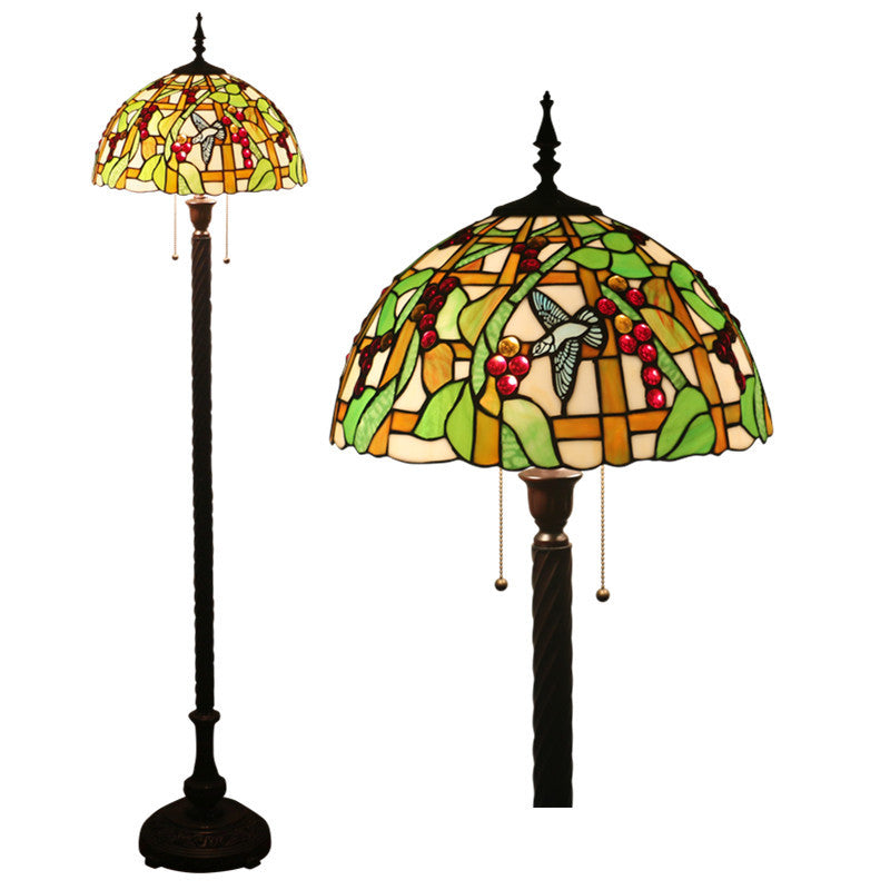 European Tiffany Fruit Bird Stained Glass Dome 2-Light Standing Floor Lamp