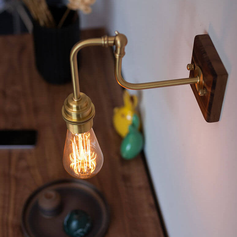 Japanese Vintage Walnut Brass Adjustable 1-Light Wall Sconce Lamp