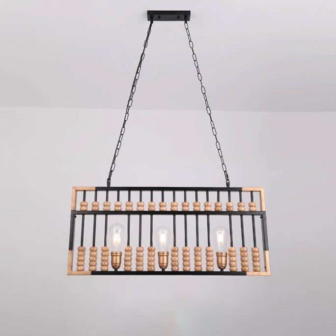 Industrial Vintage Abacus Wood Iron 3-Light Chandelier