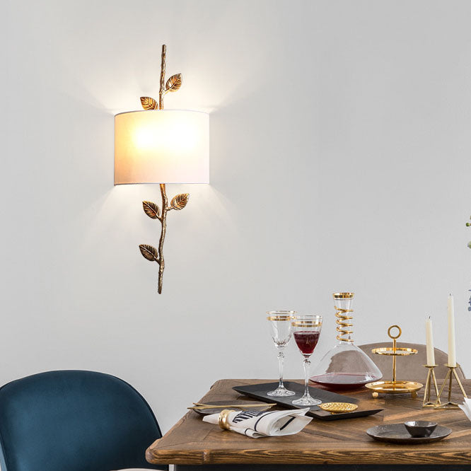 Modern Luxury Copper Branch Leaf Fabric 2-Light Wall Sconce Lamp For Living Room