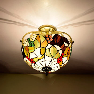 European Vintage Tiffany Stained Glass Grape Pattern Design 2-Light Semi-Flush Mount Light