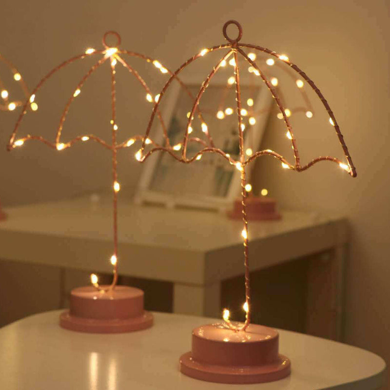 Creative Umbrella Pink Iron LED Decorative Battery USB Night Light Table Lamp