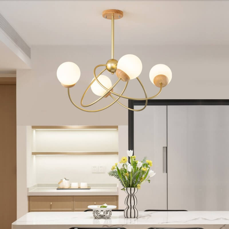 Moderner minimalistischer Orb Rubberwood Glas 4/6-Licht Insel Licht Kronleuchter 