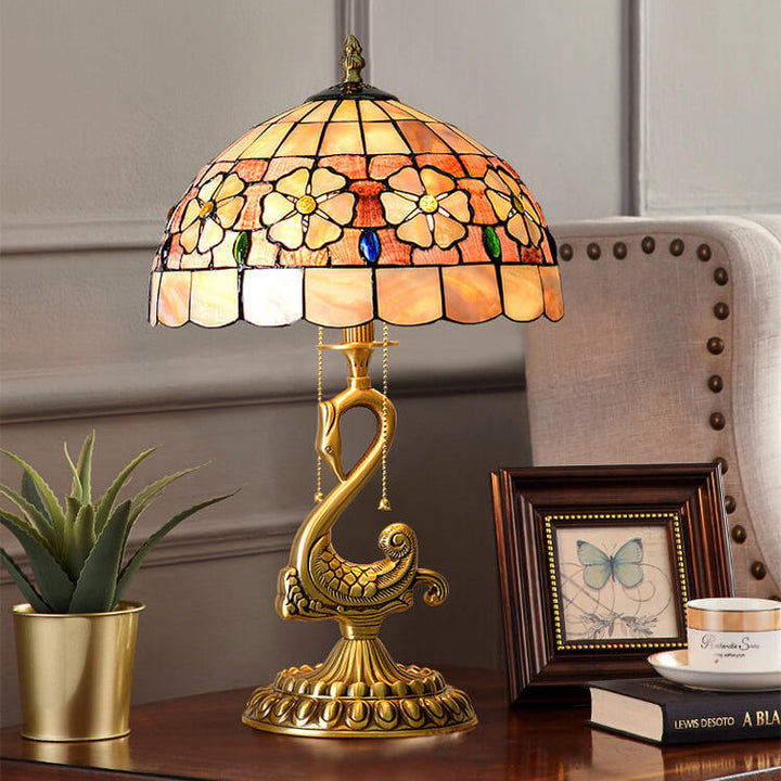 Lámpara de Mesa Tiffany Vintage de Vidrio con Motivo Floral y Cisne de 2 Luces 
