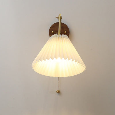 Nordic Vintage Walnut Brass Pleated Shade 1-Light Wall Sconce Lamp