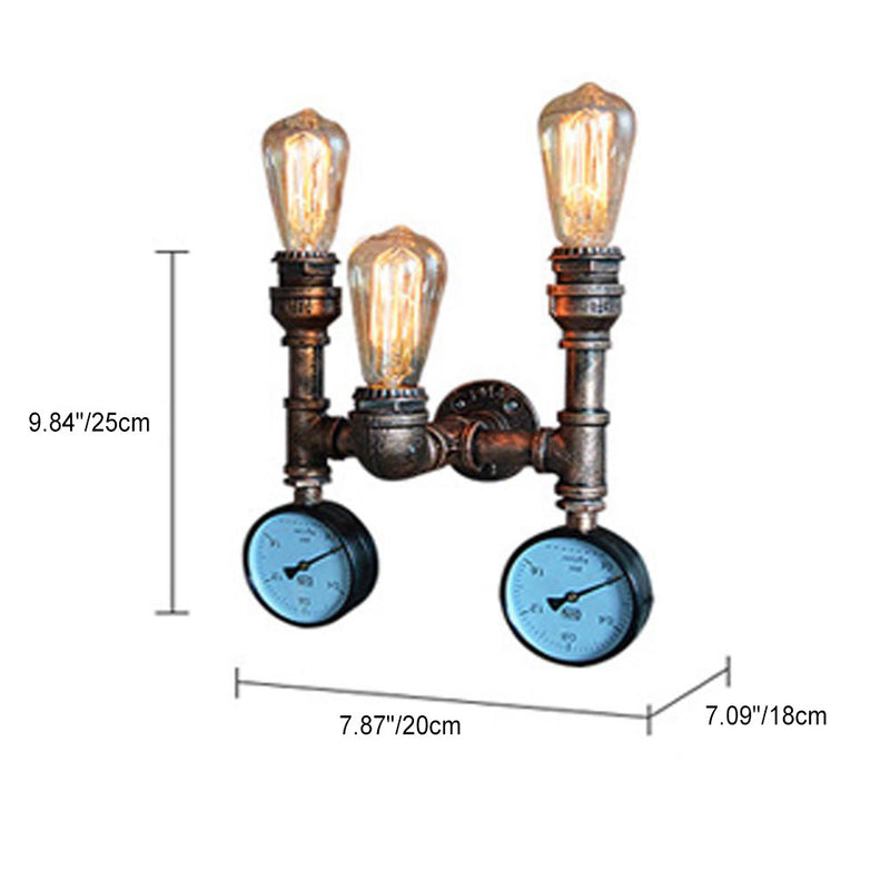 Vintage Industrial Iron Pipe Water Meter 3-Light Wall Sconce Lamp