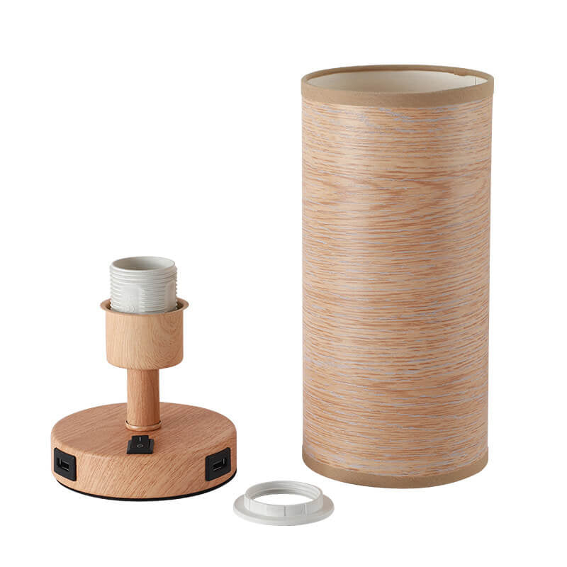 Moderne Tischlampe mit Holzmaserung Stoffschirm 1-Licht 
