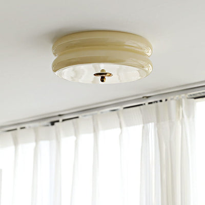 French Minimalist Cream Glass Round LED Flush Mount Ceiling Light