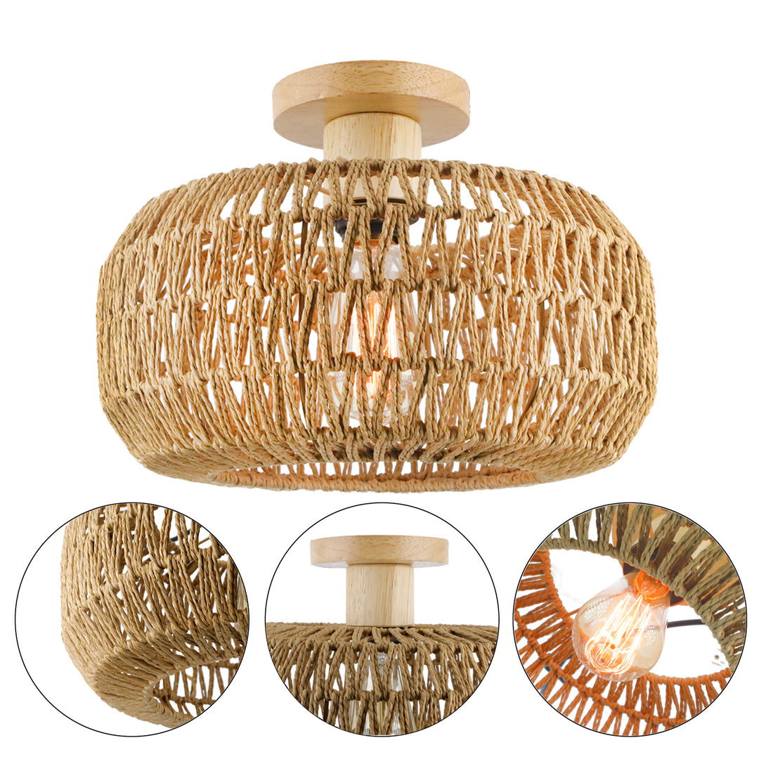 Contemporary Boho Paper Rope Twine Weaving Drum 1-Light Semi-Flush Mount Ceiling Light For Living Room