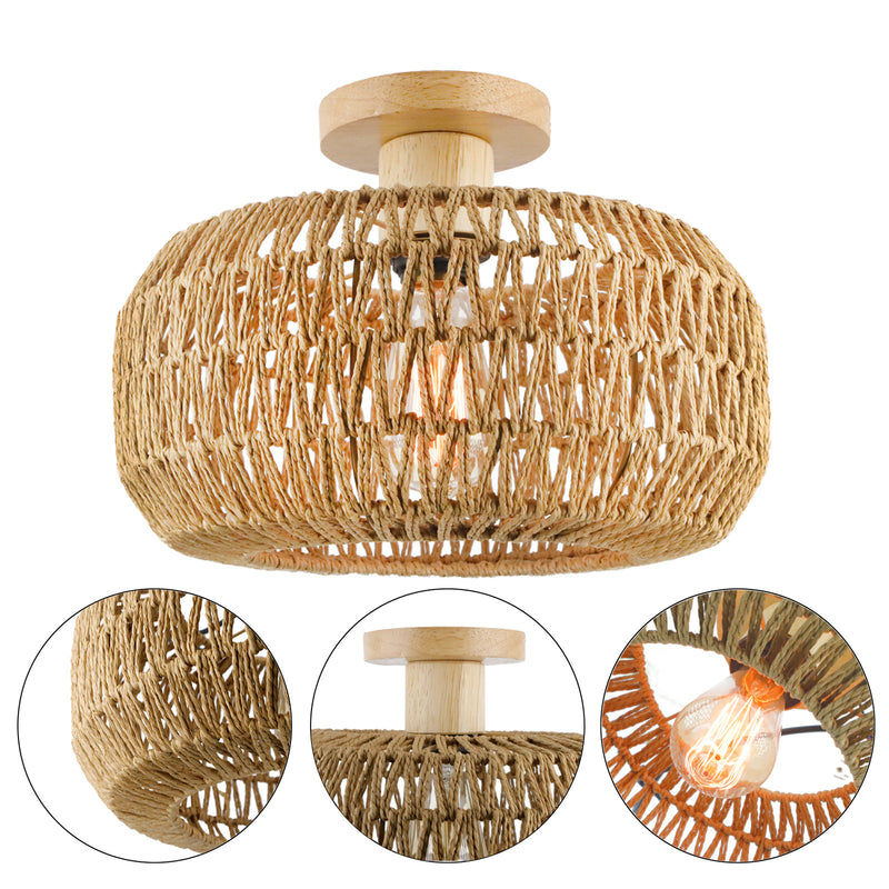 Vintage Industrial Rattan Twine Weaving Drum 1-Light Semi-Flush Mount Ceiling Light