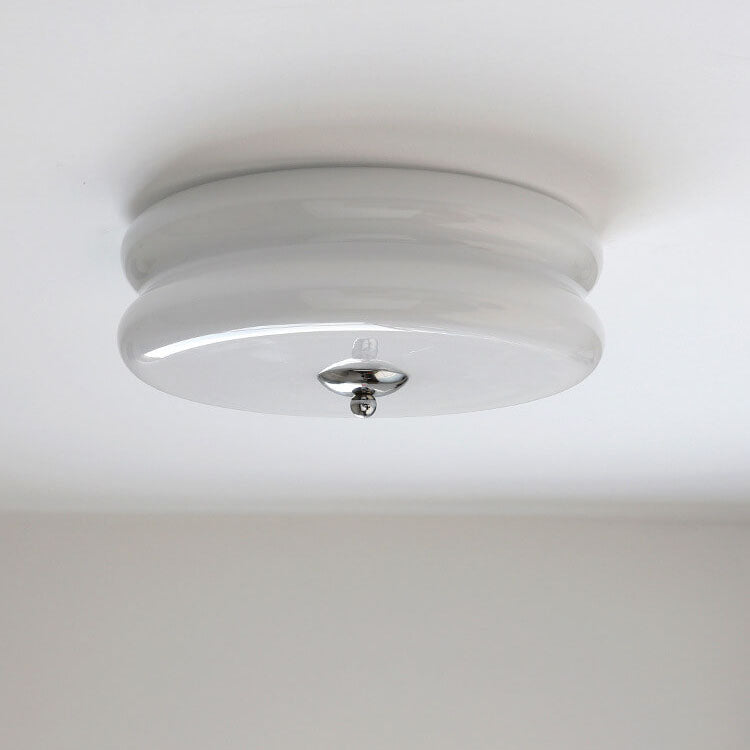 French Minimalist Cream Glass Round LED Flush Mount Ceiling Light