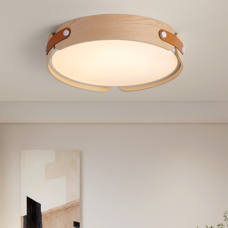 Modern Minimalist Solid Wood Round Leather Design LED Flush Mount Ceiling Light