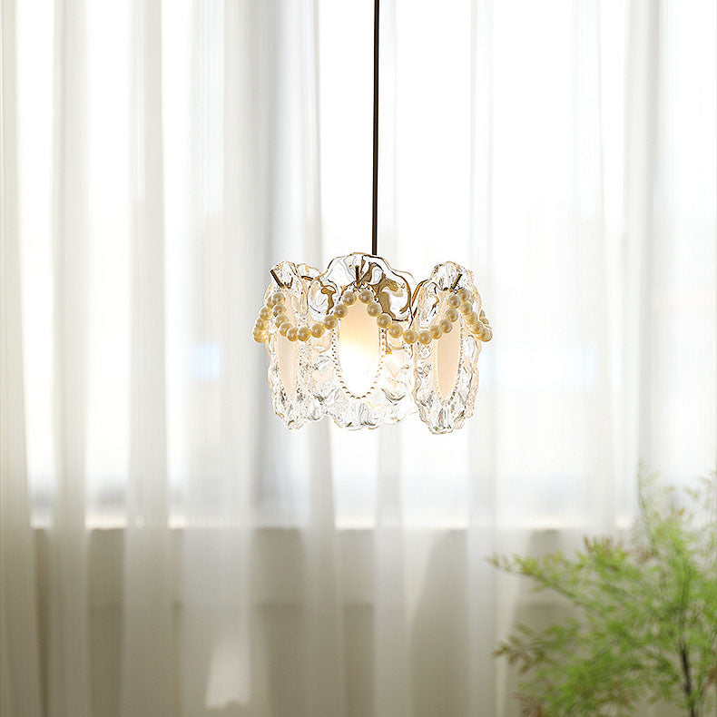 Traditional French Feather Pearl Petal Hardware Glass 1-Light Pendant Light For Bedroom