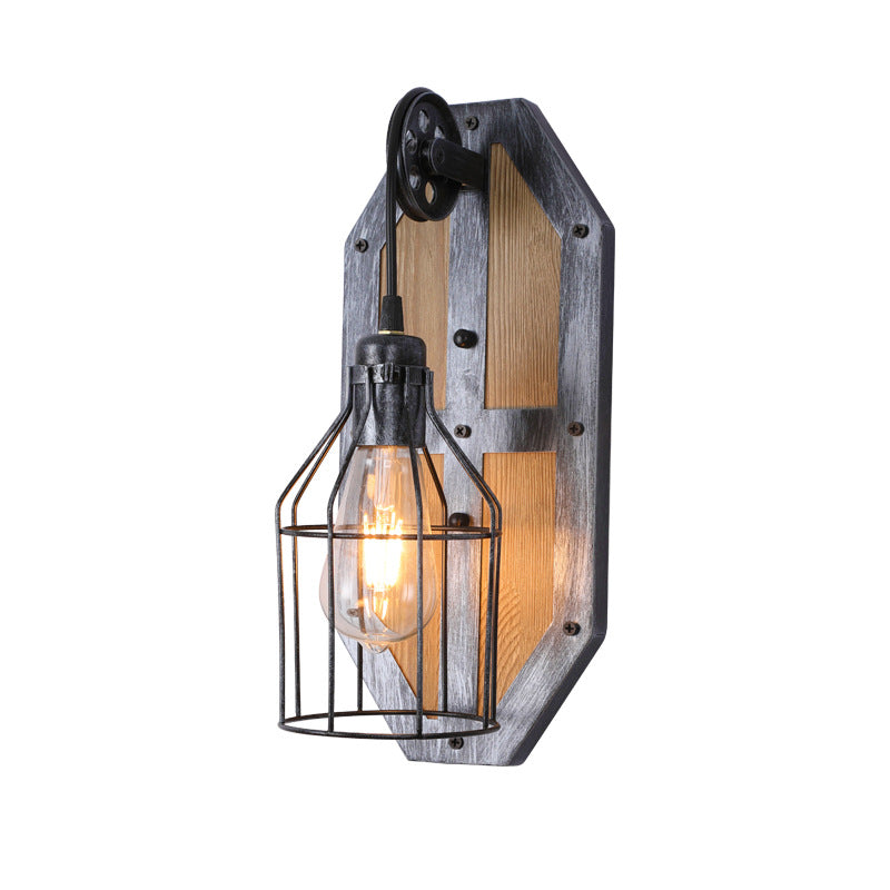 Contemporary Industrial Pine Wood Iron Cage 1-Light Wall Sconce Lamp For Living Room &amp; Bedroom