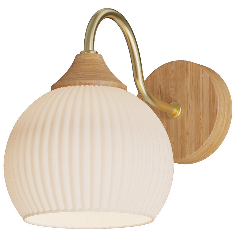 Moderne nordische 1-flammige Wandleuchte aus Eisen und Glas mit gestreiftem Rundholz für Wohnzimmer &amp; Schlafzimmer 