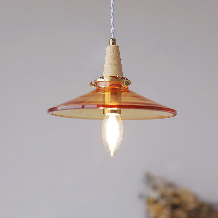 Vintage Orange Glass Cone Solid Wood 1-Light Pendant Light