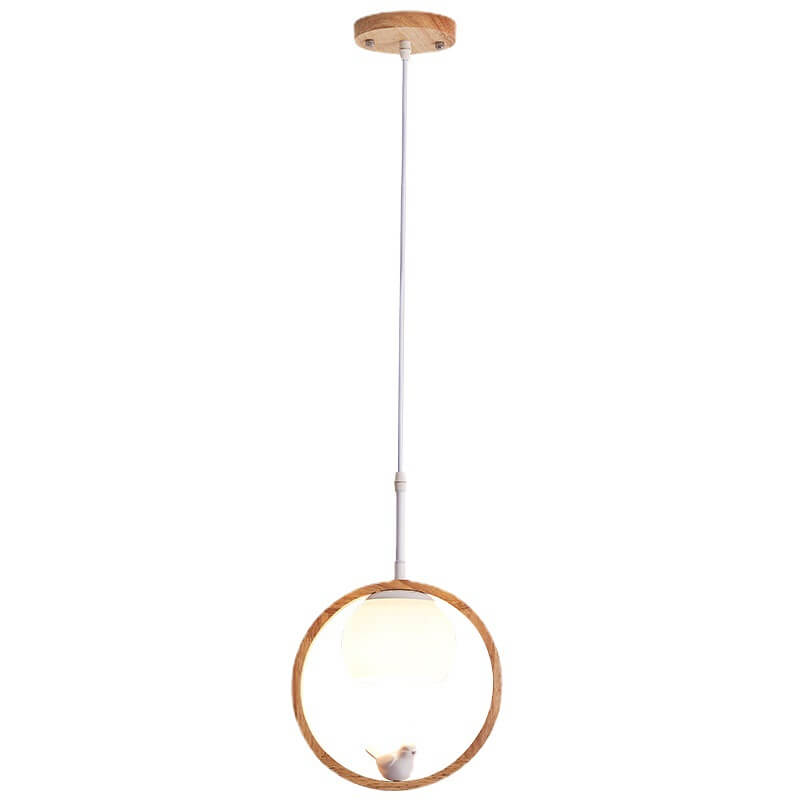 Moderne nordische Pendelleuchte mit Glas, Kautschukholz-Ring und Vogel-Design, 1-flammig, für das Wohnzimmer 