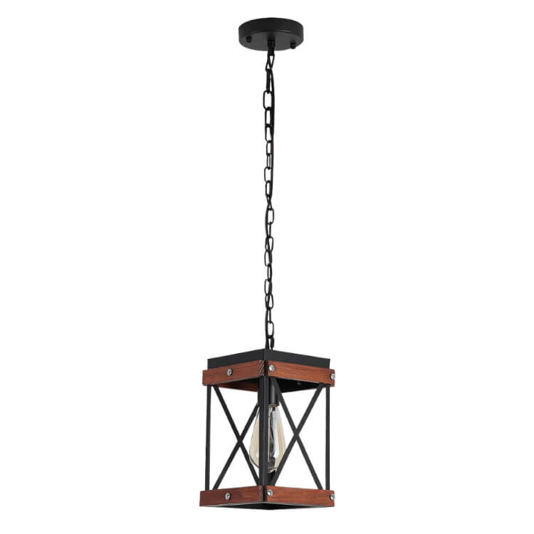 Iron Wooden Cage 1-Light Adjustable Square Pendant Light