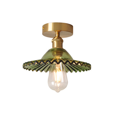 Japanese Vintage Glass Brass Lotus 1-Light Semi-Flush Mount Ceiling Light