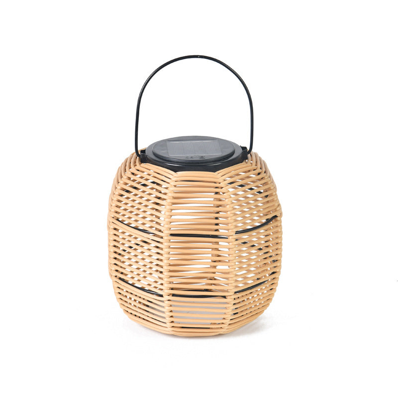 Lampe de table de jardin à LED étanche avec cylindre de tissage en rotin extérieur solaire 