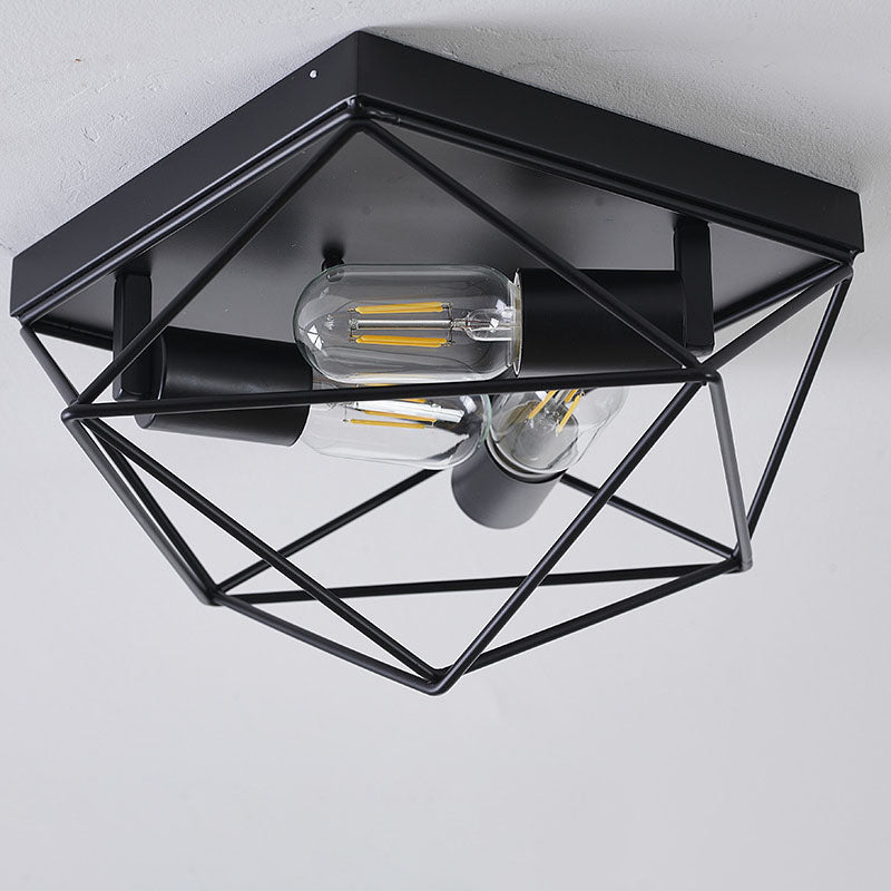 Vintage Industrial Black Iron Diamond Geometry 3-Light Flush Mount Ceiling Light