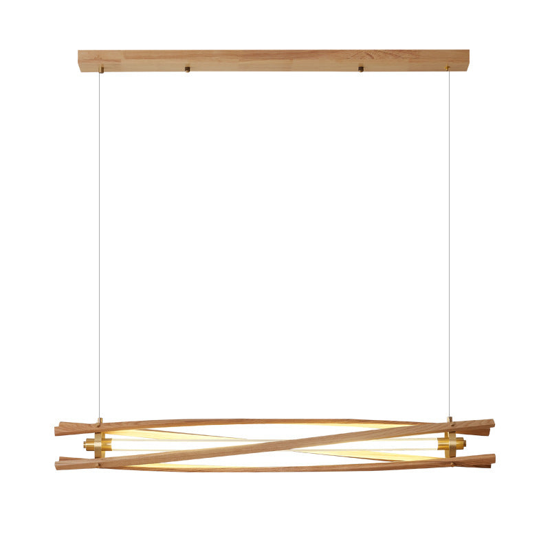 Lámpara colgante lineal LED para isla de estilo japonés tradicional, de columna larga tipo tronco, en madera de fresno y latón, para comedor 