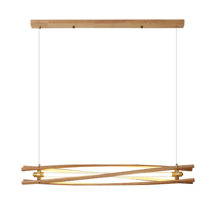 Lámpara colgante lineal LED para isla de estilo japonés tradicional, de columna larga tipo tronco, en madera de fresno y latón, para comedor 