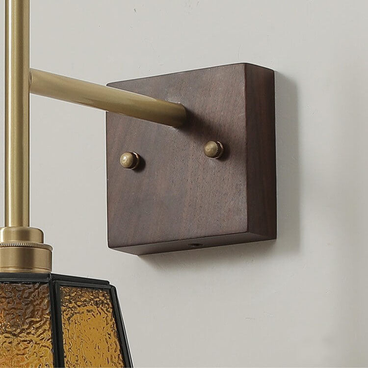 Vintage Amber Glass Shade Walnut 1-Light Wall Sconce Lamp