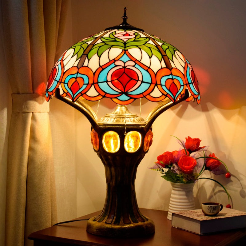 Traditional Tiffany Peach Stained Glass Dome 4-Light Table Lamp For Study