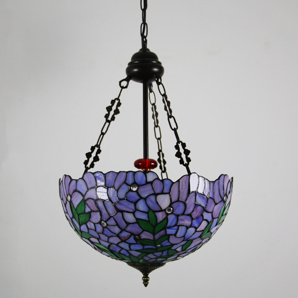 Lámpara de araña redonda de 3 luces de estilo vintage tradicional Tiffany con herrajes y vidrio teñido violeta 