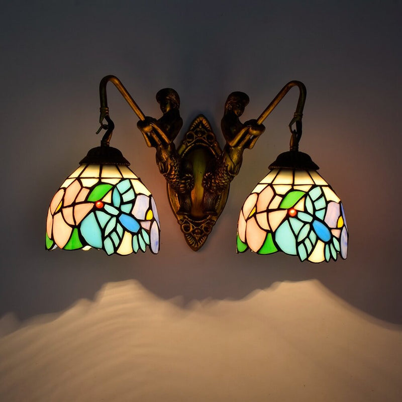 European Tiffany Mermaid Stained Glass 2-Light Wall Sconce Lamp