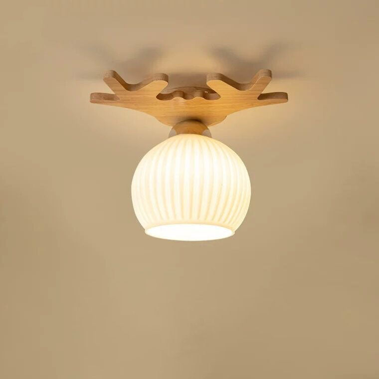 Nordic Simple Solid Wood Antler Glass Dome 1-Light Semi-Flush Mount Ceiling Light