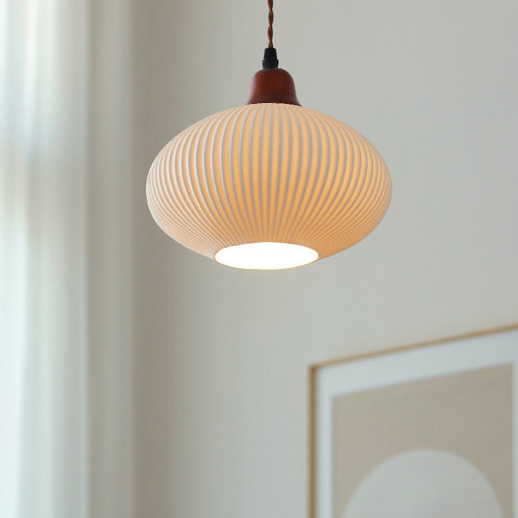 Japanese Vintage Pleated Ceramic Round Dome Wood 1-Light Pendant Light
