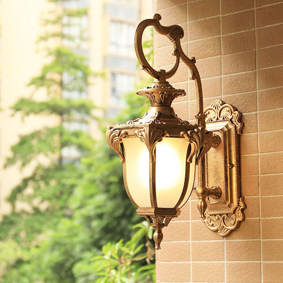 Traditional European Aluminum Glass Carved Lantern 1-Light Outdoor Waterproof Wall Sconce Lamp