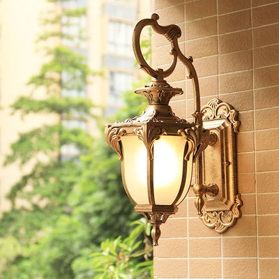 European Retro Aluminum Glass Carved Lantern 1-Light Outdoor Waterproof Wall Sconce Lamp