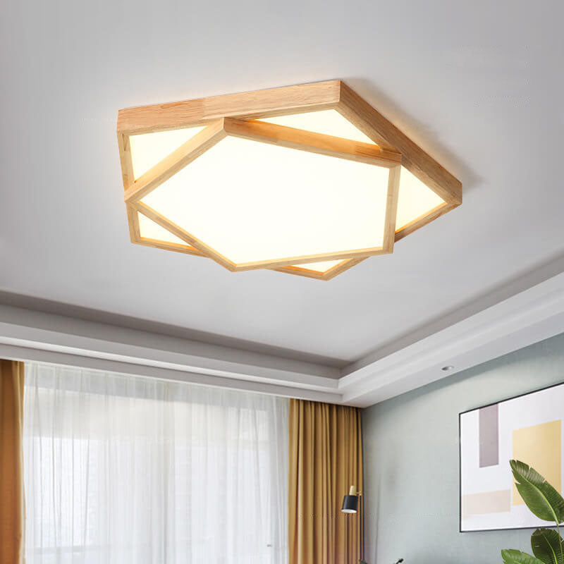 Modern Nordic Solid Wood Geometric LED Flush Mount Lighting Ceiling Light