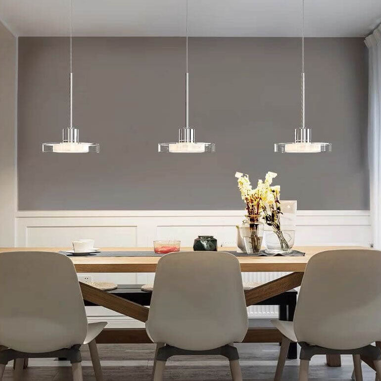 Zeitgenössische nordische rechteckige, runde Pendelleuchte aus Aluminium, Glas, Acryl und Edelstahl, 1/3 Licht LED-Inselleuchter für das Esszimmer 