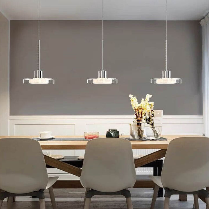 Zeitgenössische nordische rechteckige, runde Pendelleuchte aus Aluminium, Glas, Acryl und Edelstahl, 1/3 Licht LED-Inselleuchter für das Esszimmer 